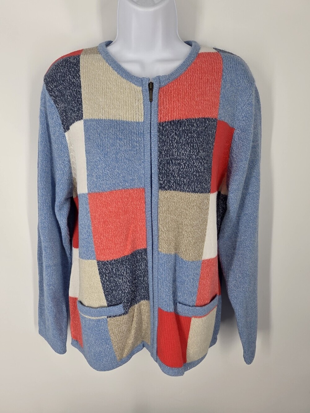 Allison Daley Vintage Patchwork Colorblock Full Zip Cardigan Sweater Small Blue